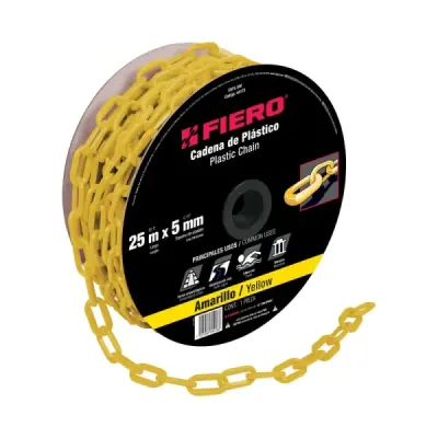 Carrete De Cadena Plástica Amarilla De 25 M, Espesor 5 Mm Fiero