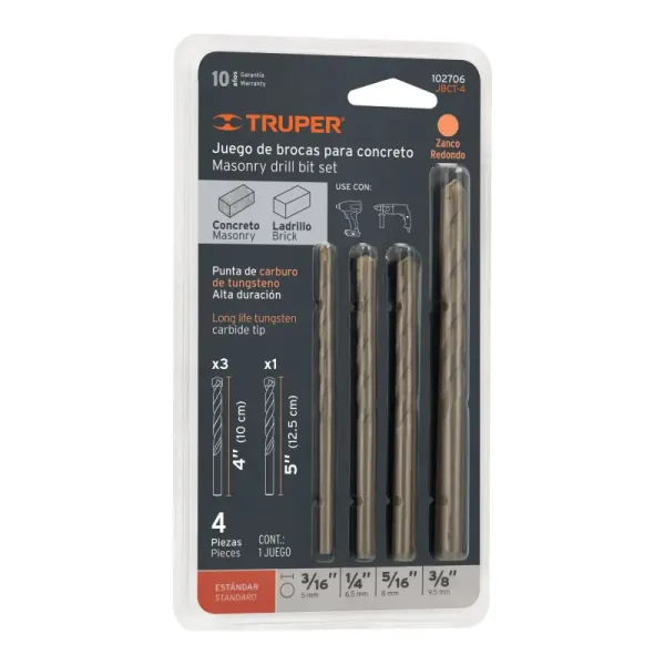 Juego 4 Brocas Pared 3/16' A 3/8' Truper Concreto Muro (JBCT-4 - 102706)