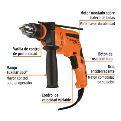 Taladro Percutor 1/2' 600w Truper Pro 48000 Gpm Reversible