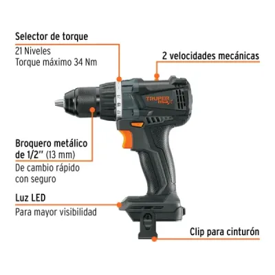 Taladro Inalámbrico 1/2' 20v 34nm Truper Max Sin Batería