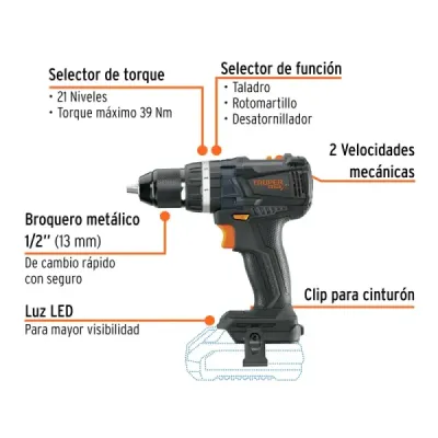 Taladro Percutor Inalámbrico 1/2' 20v Truper Max Sin Batería