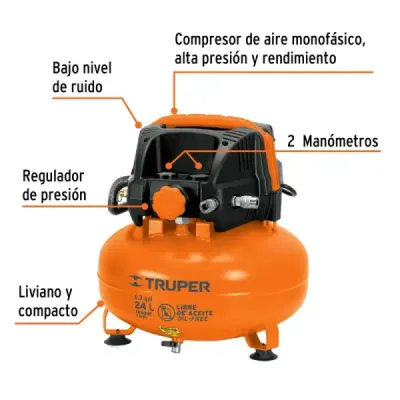 Compresor De Aire 2.2/3hp 24l Truper 116 Psi Libre De Aceite