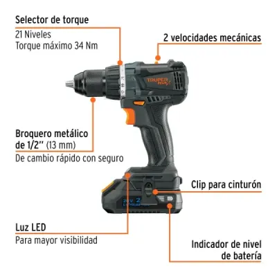 Taladro Inalámbrico 1/2' 20v 34nm Truper Max 2 Baterías