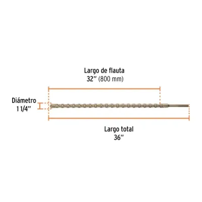 Broca Sds Max Concreto 1.1/4'x36' Truper Cruz Doble Flauta