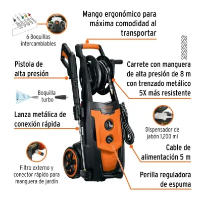 Hidrolavadora Eléctrica 2000 Psi 2100 W Truper 5 Boquillas
