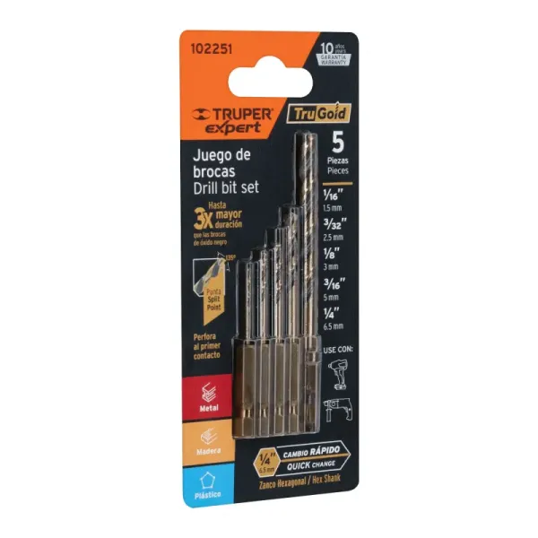 Juego 5 Brocas Acero Rápido Hss Truper Expert Cambio Rápido (JBAV-5R - 102251)