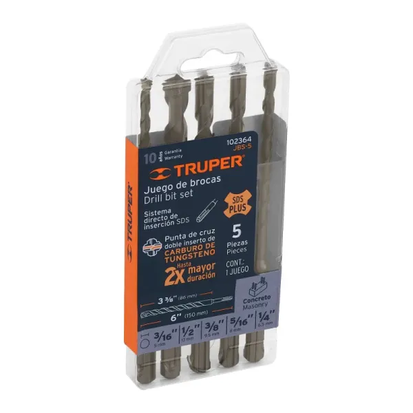 Juego 5 Brocas Sds Plus Cruz 3/16' A 1/2' Pared Truper (JBS-5 - 102364)