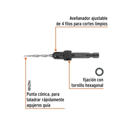 Broca Avellanadora Madera Tornillo No.6 3.5 Mm Truper Cónico
