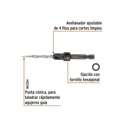Broca Avellanadora Madera Tornillo No.8 4.5 Mm Truper Cónico