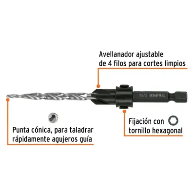 Broca Avellanadora Madera Tornillo No.10 5 Mm Truper Cónico
