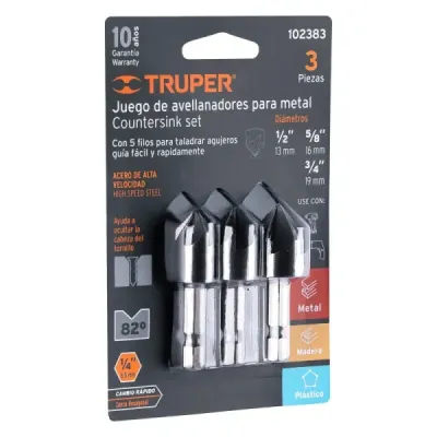 3 Brocas Avellanador Metal 3/4' A 1/2' Truper Corte Rápido