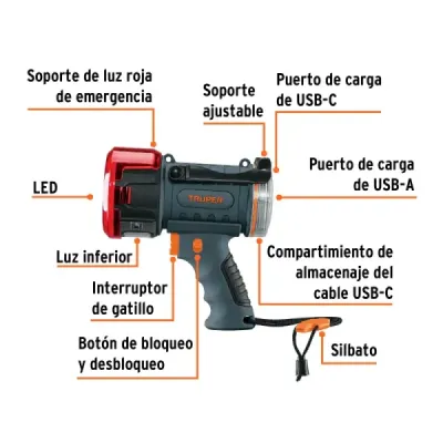 Linterna Reflector Led 2000lm Truper Tipo Batería Recargable