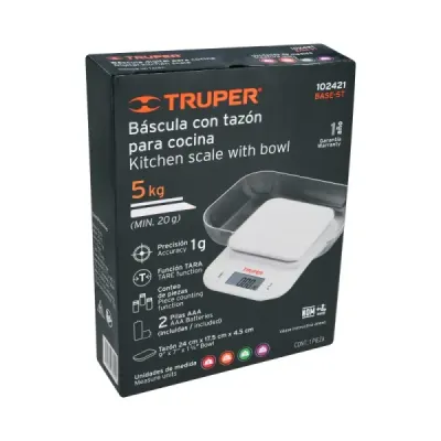 Báscula Electrónica Gramera 5kg Truper Tazón 14cm Plato Abs