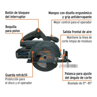 Sierra Circular Inalámbrica 6.1/2' 20v Truper Max 1 Batería