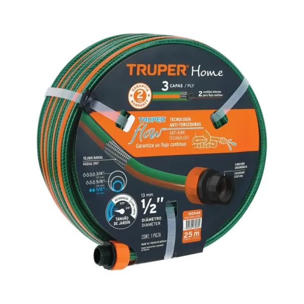 Manguera Jardín Reforzada 25mx1/2' Truper Con Conexiones (MAN-25X1/2RE - 102546)