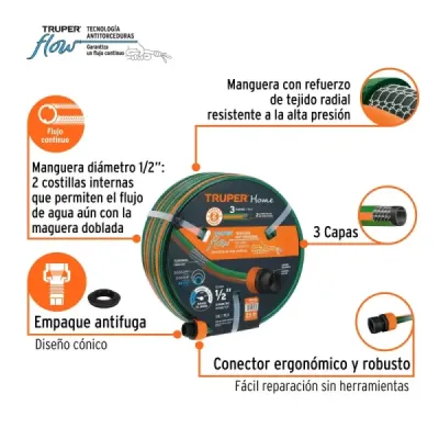 Manguera Jardín Reforzada 25mx1/2' Truper Con Conexiones