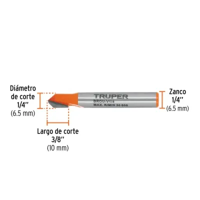 Fresa Corte En V Grabado 6x10mm Truper Madera Zanco 1/4'
