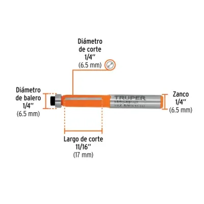 Fresa Corte Recto Enrasado 6x17mm Truper Balinera 1/4'