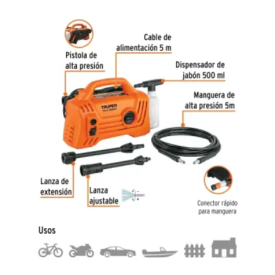Hidrolavadora Eléctrica 1600psi 1400w Truper Diseño Compacto