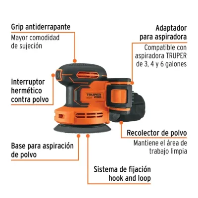 Lijadora Roto-orbital Inalámbrica 5' 20v Truper Pro Batería