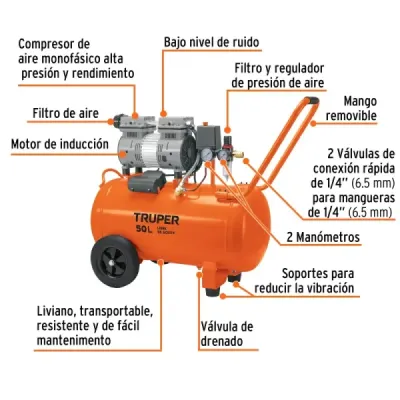 Compresor De Aire 2hp 50l Truper Silencioso Libre De Aceite