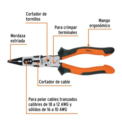 Alicate Punta Larga 6 En 1 Multiusos 8' Truper Expert