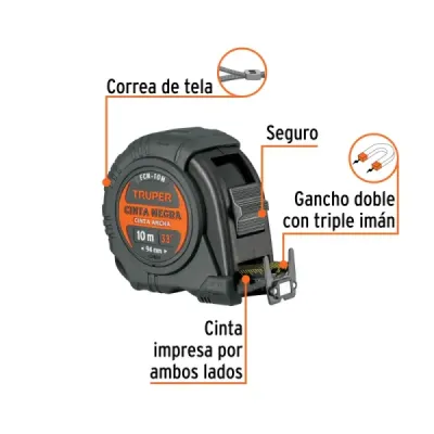 Flexómetro Contra Impacto 10m Truper Cinta Negra 32mm Imán