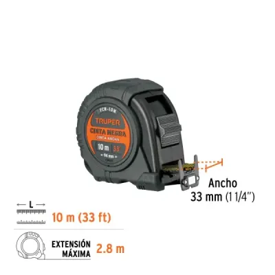 Flexómetro Contra Impacto 10m Truper Cinta Negra 32mm Imán
