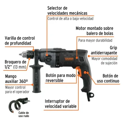 Taladro 1/2' 800w Truper Industrial 0-3200 Rpm Mango Grip