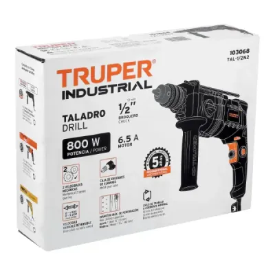 Taladro 1/2' 800w Truper Industrial 0-3200 Rpm Mango Grip