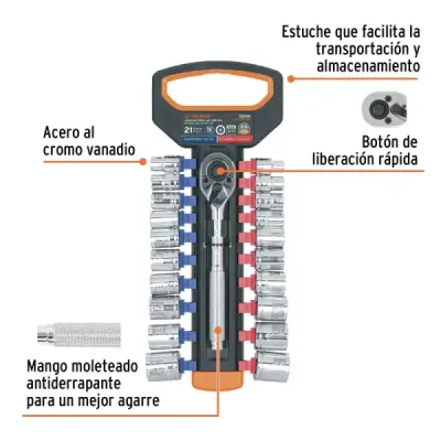 Juego 21 Copas Mixtas Ratchet 3/8' Truper Moleteado Estuche