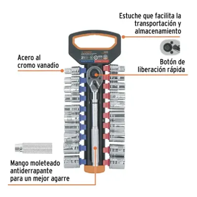 Juego 21 Copas Mixtas Ratchet 1/2' Truper Moleteado Estuche