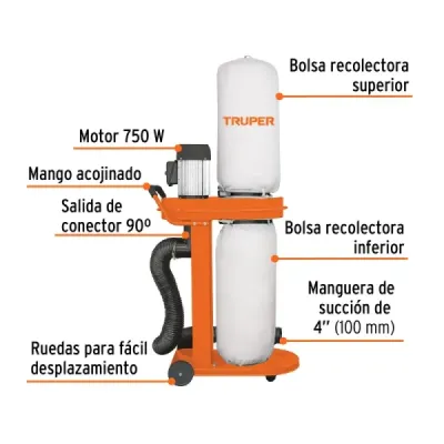 Colector Polvo 1hp 170x67cm Truper 600cfm 12 Micras 57l