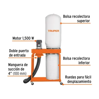 Colector Polvo 2hp 220x90cm Truper 1500cfm 25 Micras 154l
