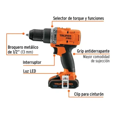 Taladro Percutor Inalámbrico 1/2' 20 V Truper 2 Baterías
