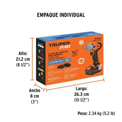 Llave Impacto Inalámbrica 1/2' 20v Truper Pro 1 Batería