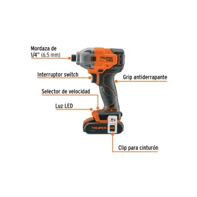Atornillador Impacto Inalámbrico 20v Truper Pro 1 Batería