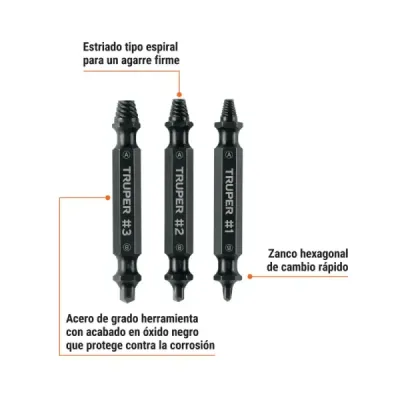 Set 3 Puntas Extractoras De Tornillos Truper Zanco 1/4'