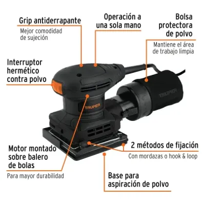 Lijadora Orbital 1/4 Hoja 300w Truper Industrial 15000 Opm