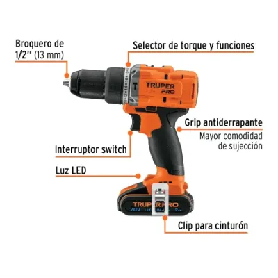 Set Taladro Percutor Atornillador Inalámbrico 20v Truper Pro