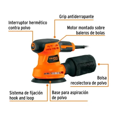 Lijadora Roto-orbital 5' 260 W Truper Pro 1.35mm 12500 Opm
