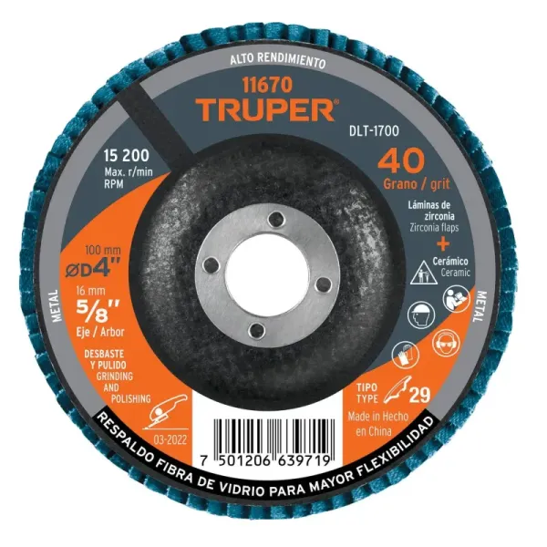 Disco Laminado Flap 4' Acero Truper Fibra Vidrio Grano 40 (DLT-1700 - 11670)