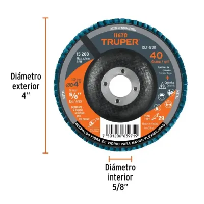 Disco Laminado Flap 4' Acero Truper Fibra Vidrio Grano 40
