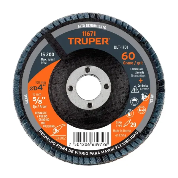 Disco Laminado Flap 4' Acero Truper Fibra Vidrio Grano 60 (DLT-1701 - 11671)