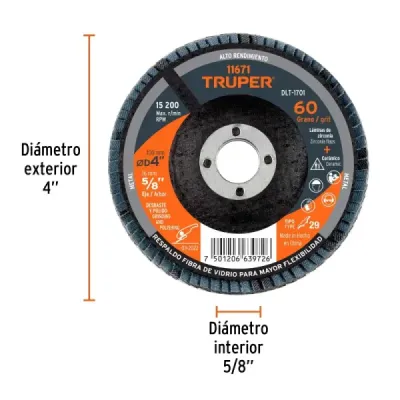 Disco Laminado Flap 4' Acero Truper Fibra Vidrio Grano 60