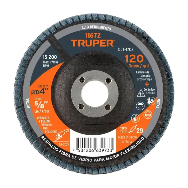 Disco Laminado Flap 4' Acero Truper Fibra Vidrio Grano 40 (DLT-1703 - 11672)