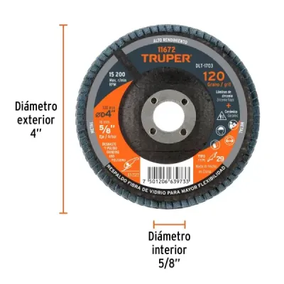 Disco Laminado Flap 4' Acero Truper Fibra Vidrio Grano 40
