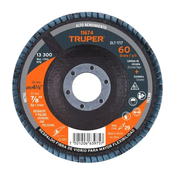 Disco Laminado Flap 4.1/2' Truper Fibra Vidrio Grano 60 (DLT-1717 - 11674)