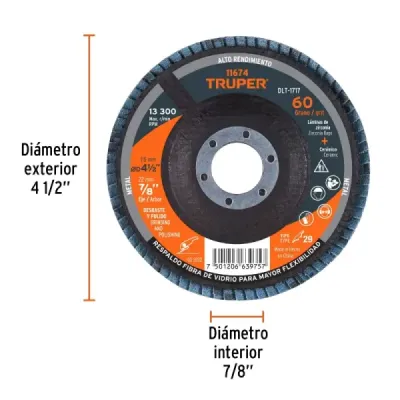 Disco Laminado Flap 4.1/2' Truper Fibra Vidrio Grano 60