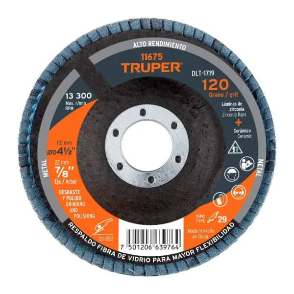Disco Laminado Flap 4.1/2' Truper Fibra Vidrio Grano 120 (DLT-1719 - 11675)